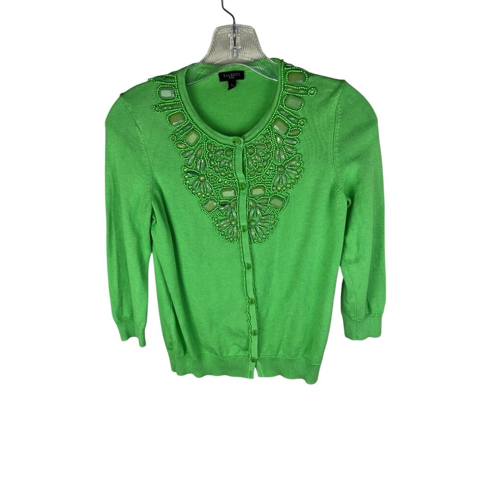 TALBOTS SWEATER CARDIGAN Green Beaded 3/4‎ Sleeves Small Petite